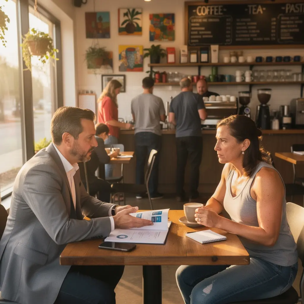 Zdjęcie przedstawiające kierowcę omawiającego ubezpieczenie samochodu z agentem.