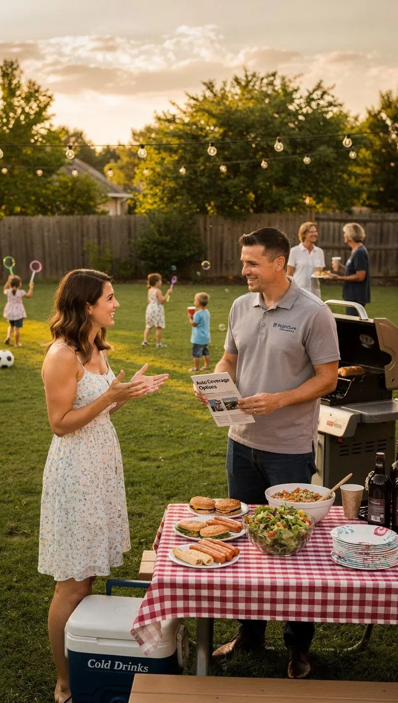 Obraz przedstawiający samochód zaparkowany przed biurem ubezpieczeniowym.